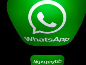 In this file photo taken on Dec. 28, 2016 in Paris shows the logo of WhatsApp mobile messaging service.