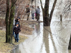 People gather at the edge of the flooded Assiniboine River in Winnipeg on Saturday, April 30.