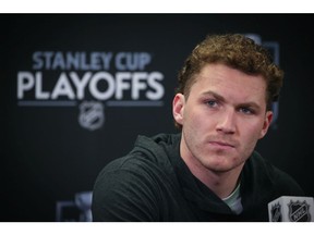 Calgary Flames forward Matthew Tkachuk talks with media on Wednesday, May 4, 2022 after the team's first round Stanley Cup playoff win. The Flames won the first game in the series 1-0 over Dallas Tuesday night. Gavin Young/Postmedia