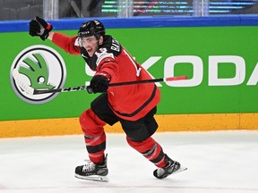 Canada's forward Drake Batherson celebrates scoring the 3-4 goal during the IIHF Ice Hockey World Championships quarterfinal match between Sweden and Canada in Tampere, Finland, on May 26, 2022.