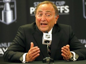 NHL commissioner Gary Bettman speaks to media during the the Calgary Flames Western Conference NHL playoff game at the Scotiabank Saddledome in Calgary on Tuesday, May 3, 2022.