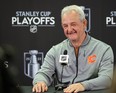 Calgary Flames head coach Darryl Sutter, pictured speaking with the media prior to the start of the first-round playoff series with the Dallas Stars, also seemed at ease on the eve of the club’s Game 7 showdown at Scotiabank Saddledome on Sunday.