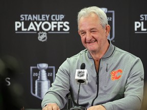Calgary Flames head coach Darryl Sutter, pictured speaking with the media prior to the start of the first-round playoff series with the Dallas Stars, also seemed at ease on the eve of the club’s Game 7 showdown at Scotiabank Saddledome on Sunday.