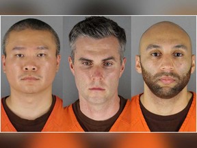 From left tor right: Former Minneapolis police officers Tou Thao, Thomas Lane and J. Alexander Kueng in a combination of booking photographs from the Minnesota Department of Corrections and Hennepin County Jail in Minneapolis, Minnesota.