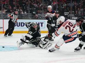 Edmonton Oilers center Leon Draisaitl (29) shoots the puck past LA Kings goaltender Jonathan Quick (32) for a goal in the first period of game three of the first round of the 2022 Stanley Cup Playoffs at Crypto.com Arena.