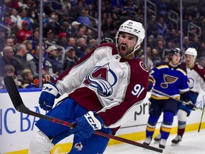 Colorado Avalanche center Nazem Kadri reacts after scoring a goal against the St. Louis Blues during the second period at Enterprise Center.