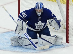 Toronto Maple Leafs goaltender Jack Campbell blocks a shot against the Tampa Bay Lightning during the first period of game five of the first round of the 2022 Stanley Cup Playoffs at Scotiabank Arena.