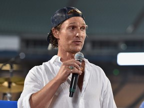 Matthew McConaughey receives the Kershaw's Challenge Impact Award at Clayton Kershaw's 6th Annual Ping Pong 4 Purpose on Aug. 23, 2018 in Los Angeles, Calif.