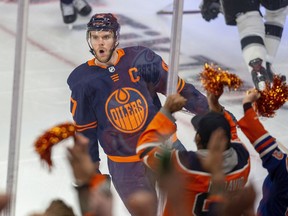 Edmonton Oilers Connor McDavid (97) celebrates his goal against the Los Angeles Kings during third period NHL playoff action on Tuesday, May 10, 2022 in Edmonton. Greg Southam-Postmedia