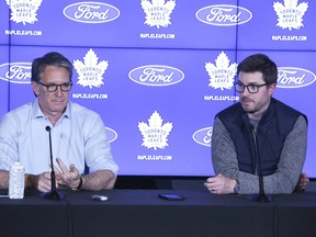 Brendan Shanahan and Kyle Dubas during the end of season press conference on Tuesday May 17, 2022.