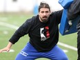 Linebacker Shayne Gauthier sports a Canadian Football League Players Association T-shirt as Winnipeg Blue Bombers players worked out at Winnipeg Soccer Federation South Complex on Sunday, May 15, 2022.