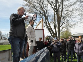 A 2021 file photo shows Randy Hillier speaking at a Cornwall protest against provincial health measures introduced during the COVID-19 pandemic.