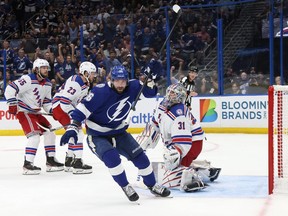 Nikita Kucherov of the Tampa Bay Lightning celebrates after scoring a goal on Igor Shesterkin of the New York Rangers during the second period in Game 4 of the Eastern Conference final of the 2022 Stanley Cup playoffs at Amalie Arena on June 07, 2022 in Tampa, Fla.
