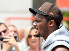 Deshaun Watson of the Cleveland Browns speaks during press conference after the Cleveland Browns mandatory minicamp at CrossCountry Mortgage Campus on June 14, 2022 in Berea, Ohio.