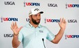 Jon Rahm addresses the media during a news conference for the U.S. Open golf tournament.