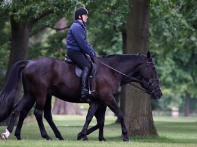 Prince Andrew rides a horse on the Royal Estate, in Windsor, Britain, June 1, 2022.