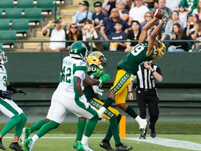 Edmonton Elks receiver Kenny Lawler (89) scores a touchdown against the Saskatchewan Roughriders at Commonwealth Stadium in Edmonton on Saturday, June 18, 2022.