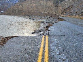 Highway 8 - east of Spences Bridge Impacts of flood damage. Crews are assessing and working to repair. December 11, 2021.