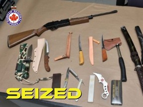 An image from DRPS of weapons allegedly seized from a man in downtown Oshawa on Friday, June 24, 2022.