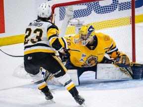 Hamilton Bulldogs forward Mason McTavish tips the puck on net on Shawinigan Cataractes goaltender Antoine Coulombe at Harbour Station arena in Saint John, N.B., on June 27, 2022.