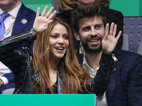Kosmos CEO and FC Barcelona player Gerard Pique with singer Shakira during the match between Spain's Rafael Nadal and Canada's Denis Shapovalov on Nov. 24, 2019 in Madrid