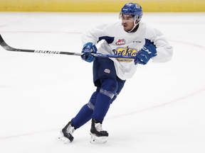Edmonton Oil Kings forward Justin Sourdif takes part in practice at TD Station arena in Saint John, N.B. at the Memorial Cup on June 19, 2022.