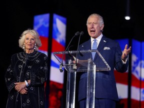 Prince Charles speaks to the crowd during Queen Elizabeth's Platinum Jubilee concert in front of Buckingham Palace, London, Britain June 4, 2022.