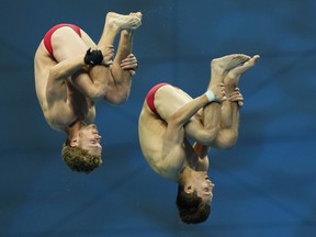 Canada's Rylan Wiens and Nathan Zsombor-Murray compete during the men's diving synchronized 10m platform final at the 19th FINA World Championships in Budapest, Hungary, Tuesday, June 28, 2022.