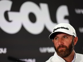 U.S. golfer Dustin Johnson reacts during a press conference ahead of the forthcoming LIV Golf Invitational Series event at The Centurion Club in St. Albans, north of London, on June 7, 2022.