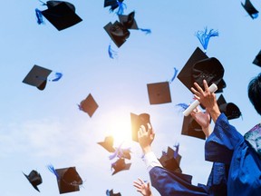 Graduating students throw graduation caps in the air.
