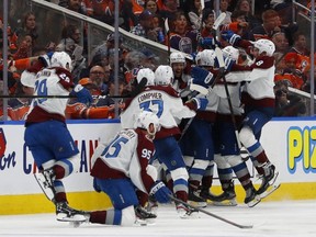 The Colorado Avalanche celebrate -Colorado Avalanche forward Artturi Lehkonen (62) winning goal during overtime period in game four of the Western Conference Final of the 2022 Stanley Cup Playoffs at Rogers Place.