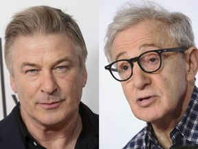 Actor Alec Baldwin attends the screening for "Framing John DeLorean" during the 2019 Tribeca Film Festival on April 30, 2019, in New York, left, and filmmaker Woody Allen attends a press conference for the film "Irrational Man," at the 68th international film festival, Cannes, southern France, on May 15, 2015.