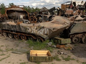 Destroyed Russian tanks and military vehicles are seen dumped in Bucha amid Russia's invasion in Ukraine, May 16, 2022. Picture taken May 16, 2022.