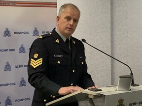 Sgt. Paul Manaigre, Media Relations Officer with the Manitoba RCMP. addresses the media at RCMP D Division headquarters in Winnipeg on Friday, June 17, 2022, to announce the arrest of a 92-year-old retired priest on a charge of indecent assault after allegations of sexual abuse at the Fort Alexander Residential School in the Powerview/Fort Alexander area northeast of Winnipeg were made to Manitoba RCMP's Major Crime Services in February 2010. The offence occurred between 1968 and 1970, when the female victim was 10 years old and a student at the school. A criminal investigation was launched in 2011 and involved archival research and investigators speaking to or interacting with more than 700 people across North America.