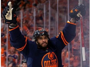 Evander Kane of the Edmonton Oilers celebrates a goal against the Calgary Flames during the second period in Game Three of the Second Round of the 2022 Stanley Cup Playoffs at Rogers Place on May 22, 2022.