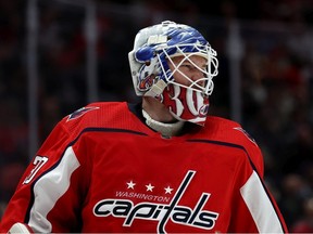 Goalie Ilya Samsonov of the Washington Capitals looks on after giving up the second goal of the first period against the Toronto Maple Leafs at Capital One Arena on February 28, 2022 in Washington, DC.