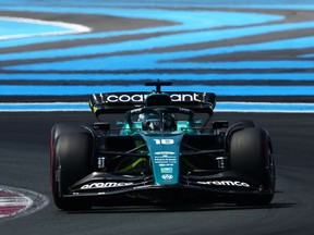 Lance Stroll of Montreal is driving the (18) Aston Martin AMR22 Mercedes on the track during the final practice ahead of the F1 Grand Prix of France at Circuit Paul Ricard on Saturday, July 23, 2022, in Le Castellet, France.
