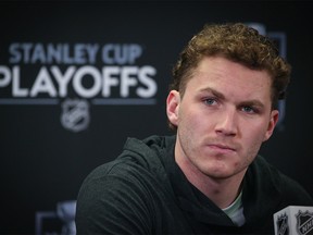 Calgary Flames forward Matthew Tkachuk talks with media on Wednesday, May 4, 2022 after the team’s first game in the Stanley Cup playoffs. The Flames won the first game in the series 1-0 over Dallas Tuesday night.
