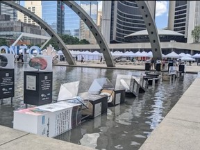 Brains on display at Nathan Phillips Square in Toronto as part of The Brain Project art installation were severely damaged Wednesday, July 14, 2022.