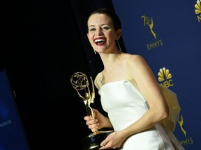 Claire Foy poses with her Emmy during the 70th Emmy Awards at the Microsoft Theatre in Los Angeles, Sept. 17, 2018.