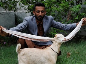 Mohammad Hassan Narejo, 30, zeigt Simba, ein ein Monat und vier Tage altes Zicklein mit 48 cm langen Ohren, in seinem Haus in Karachi, Pakistan, am 8. Juli 2022.