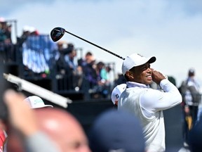 US golfer Tiger Woods plays from the 12th tee during his second round on day 2 of The 150th British Open Golf Championship on The Old Course at St Andrews in Scotland on July 15, 2022.