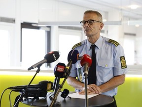 Police inspector Brian Voss Olsen speaks at a press conference in Aarhus, Denmark, Thursday July 14, 2022.