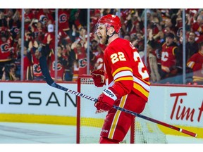 Calgary Flames center Trevor Lewis (22) celebrates his goal against the Dallas Stars during the third period in game five of the first round of the 2022 Stanley Cup Playoffs at Scotiabank Saddledome.
