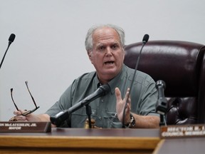 Uvalde Mayor Don McLaughlin, Jr., speaks during a special emergency city council meeting, June 7, 2022, in Uvalde, Texas.