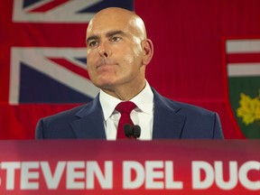 Then Ontario Liberal Leader Steven Del Duca looks on from the stage after stepping down as party leader on election night in Vaughan on June 2, 2022.