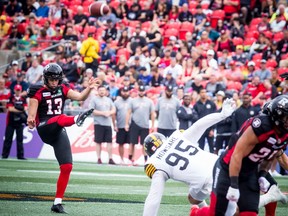 The Ottawa Redblacks' Richie Leone, seen in a 2019 game, ranks fifth in the CFL with 47.3-yard punting average this season and, with a little help from his friends, has the league's second-best net average (39.5 yards).