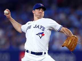Ross Stripling of the Toronto Blue Jays delivers a pitch in the second inning against the Baltimore Orioles at Rogers Centre on August 17, 2022 in Toronto, Ontario, Canada.