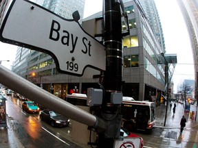 Ein Zeichen der Bay Street, der Hauptstraße im Financial District in Toronto.