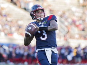 Then-Alouettes quarterback Vernon Adams Jr. reacts after scoring a touchdown earlier this season in Montreal. ‘He’s a guy that’s been on our radar for a while,’ Lions GM Neil McEvoy says of Wednesday’s trade for the veteran pivot.